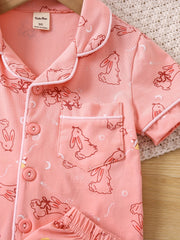 Toddler Girls Easter Rabbit Pajama Set V Neck Button Top & Shorts Sleepwear