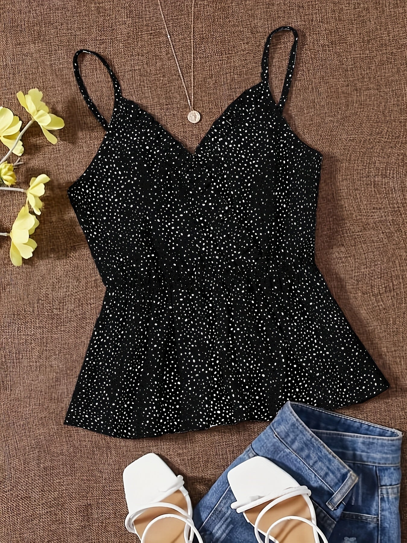Polka Dot Ruffle Trim Cami Top V Neck Spaghetti Strap