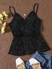 Polka Dot Ruffle Trim Cami Top V Neck Spaghetti Strap