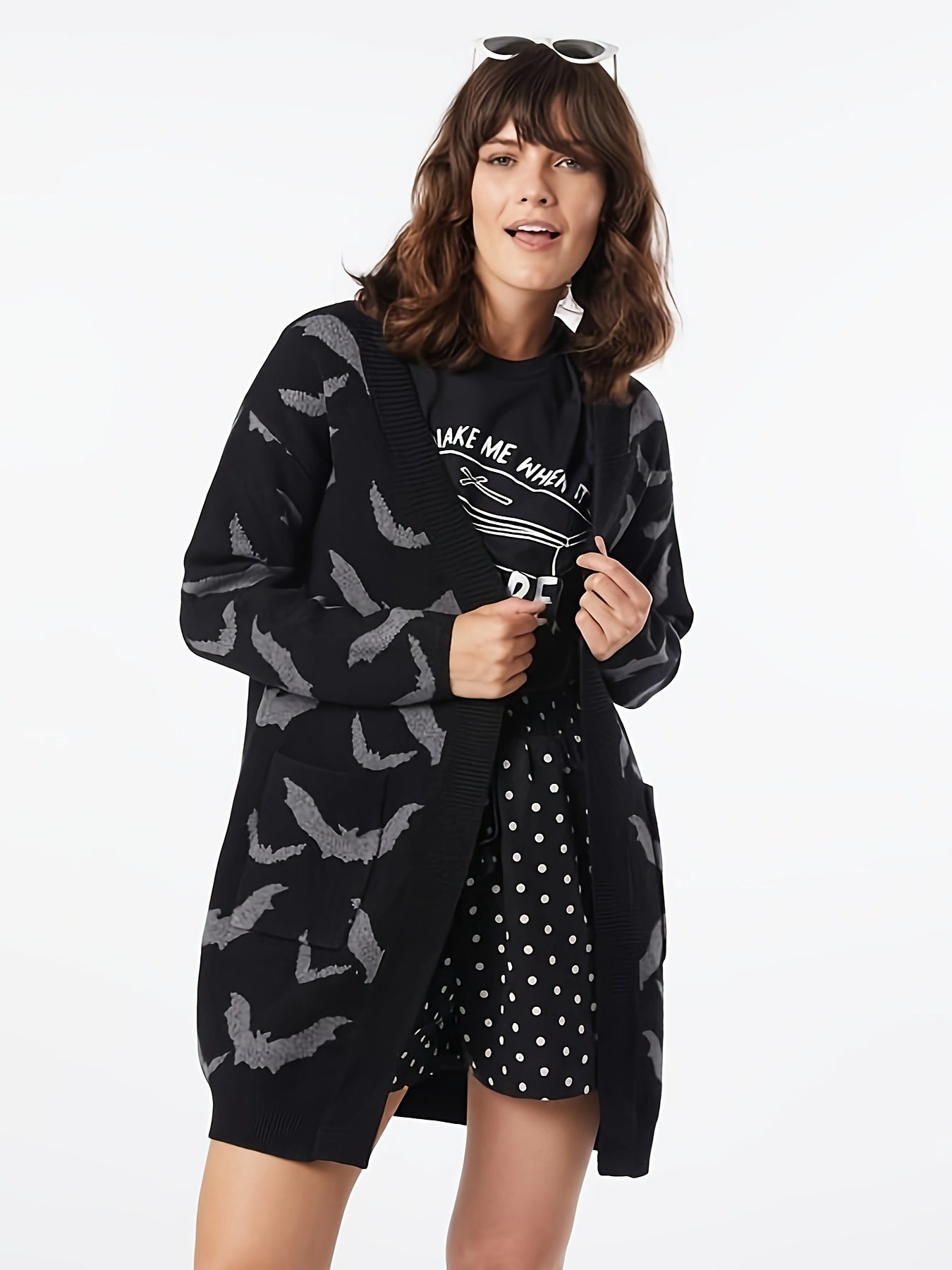 Bat Pattern Knit Cardigan Open Front Sweater Women's Clothing