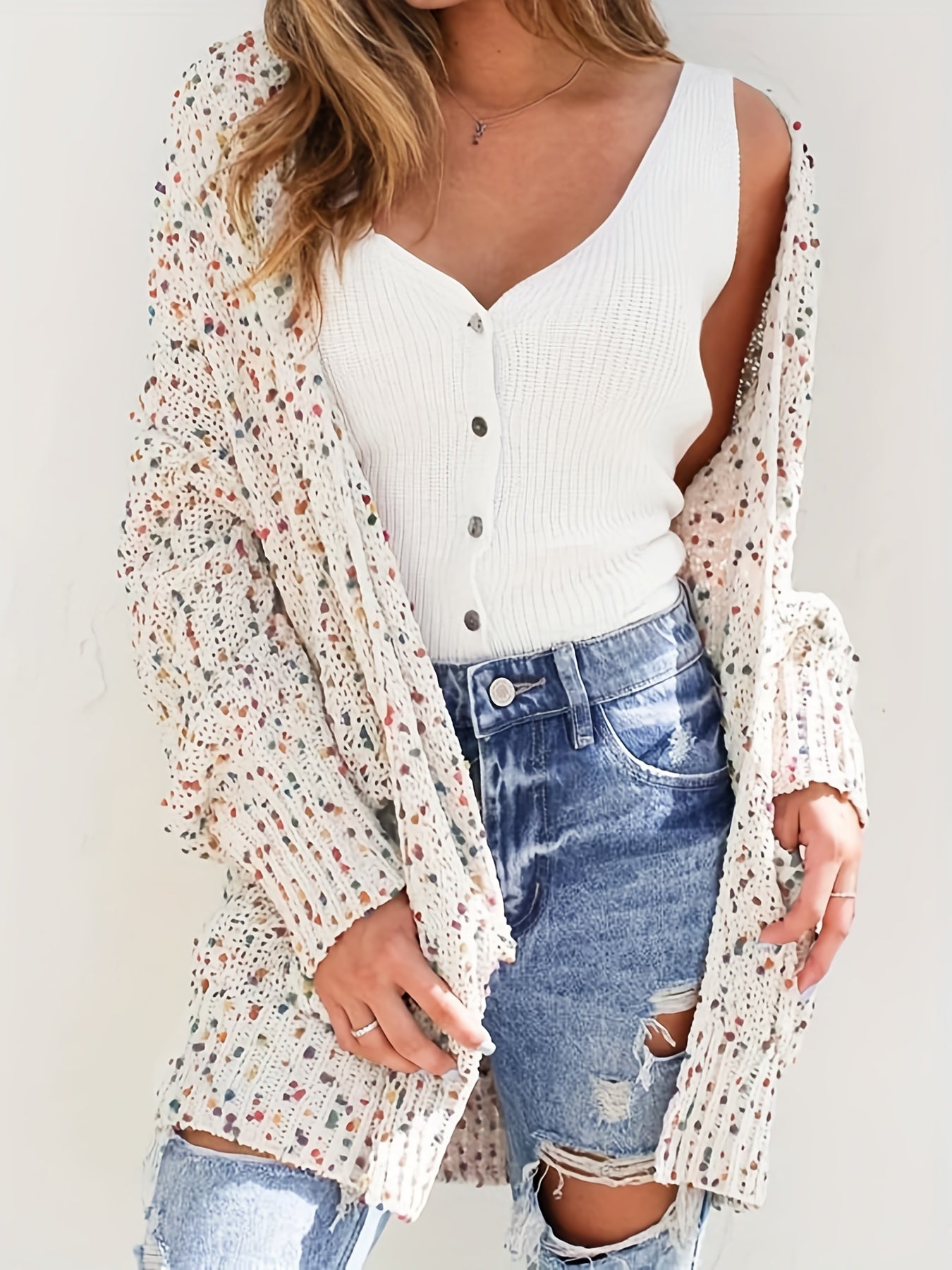 Colorful Dot Open Front Pocket Cardigan Long Sleeve Sweater for Fall & Winter