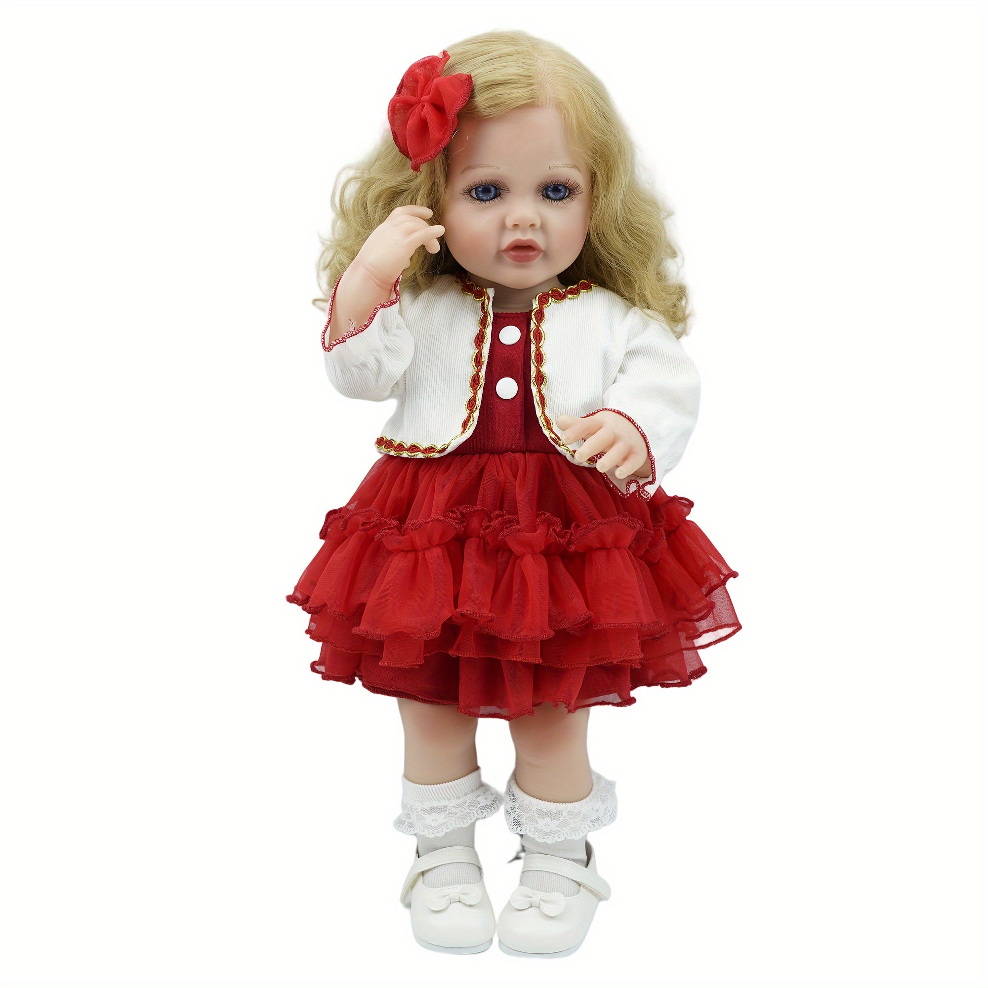 22 Inch Vinyl Doll with Golden Hair and Eyes Soft Body Pink Dress