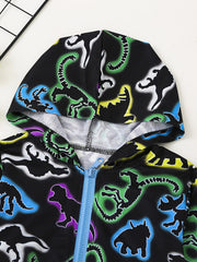 Boys Dinosaur Print Windbreaker Hooded Jacket Long Sleeve Zip Up