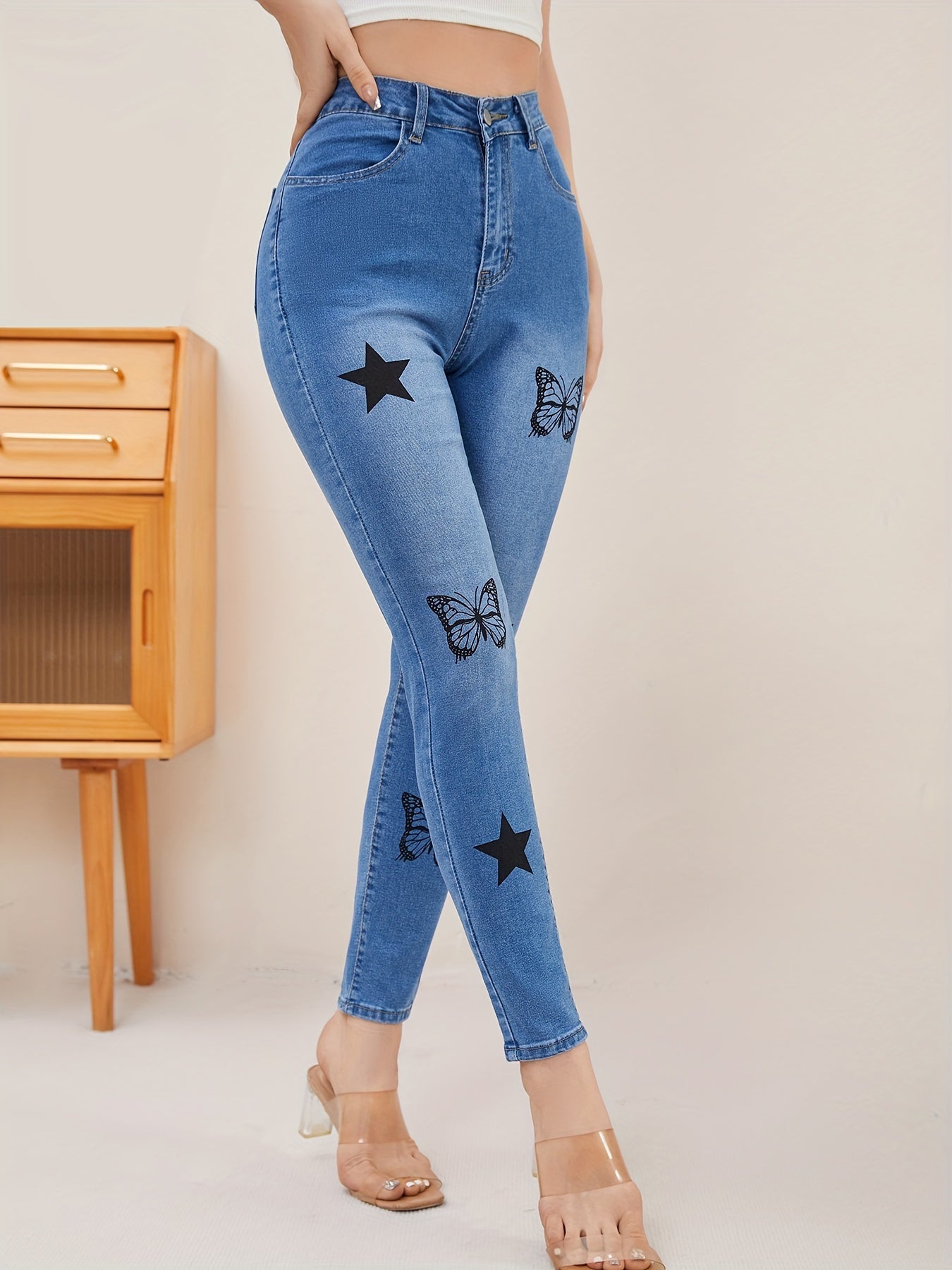 Women's Butterfly Star Print High Stretch Skinny Jeans