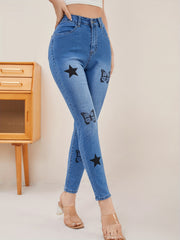 Women's Butterfly Star Print High Stretch Skinny Jeans