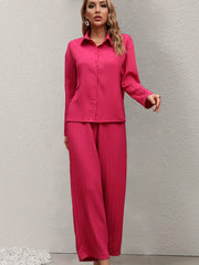 Casual Two piece Set Long Sleeve Button Up Shirt & Wide Leg Pants