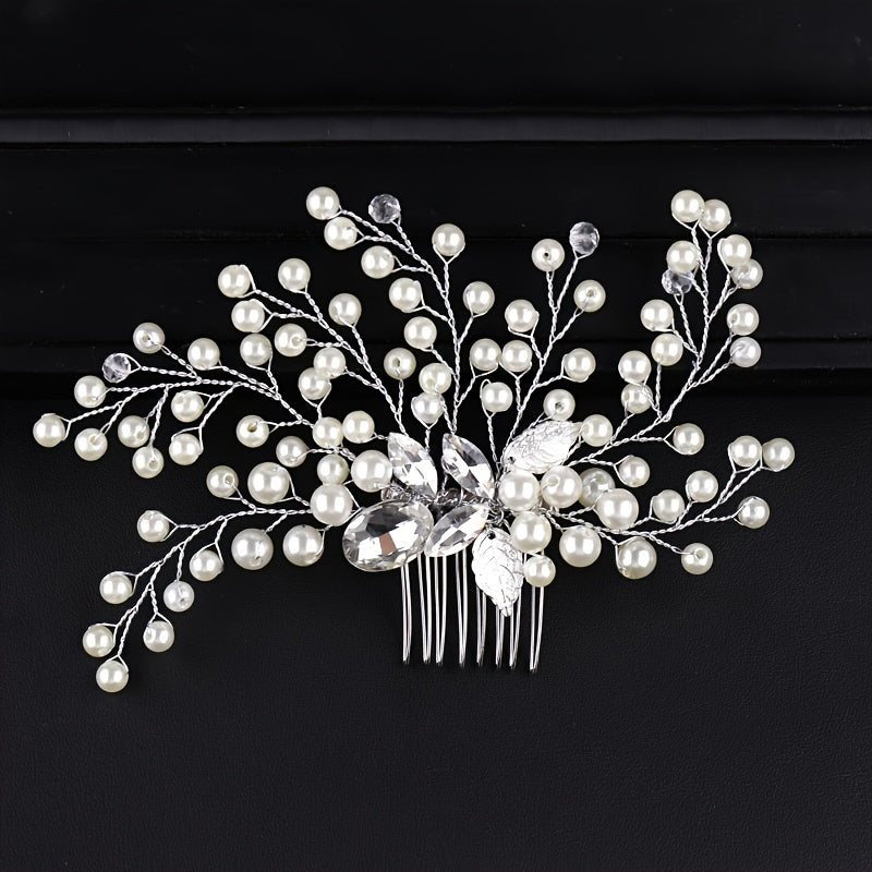 Silver Faux Pearl Crystal Wedding Hair Comb Headband for Bride