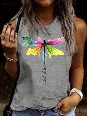 Dragonfly Print Tank Top Sleeveless Crew Neck Casual Tops