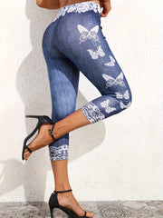 Butterfly Print Cropped Jeggings Skinny High Waist Leggings