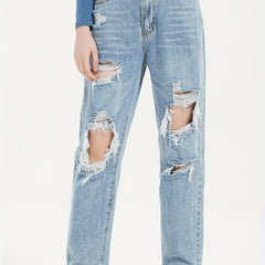 High Waist Ripped Straight Jeans Baggy Denim Pants
