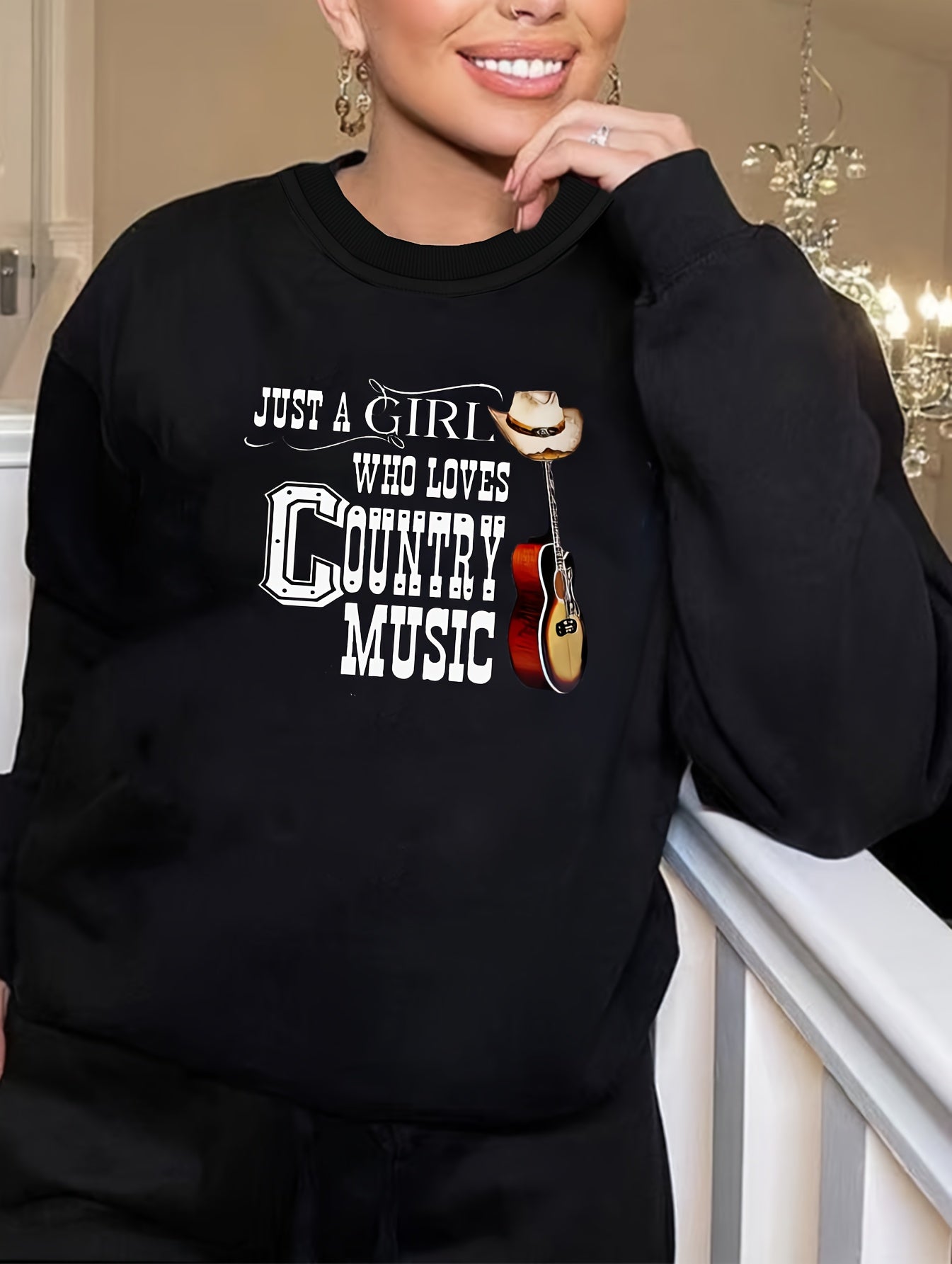 Guitar & Letter Print Long Sleeve Lounge Top