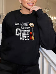 Guitar & Letter Print Long Sleeve Lounge Top