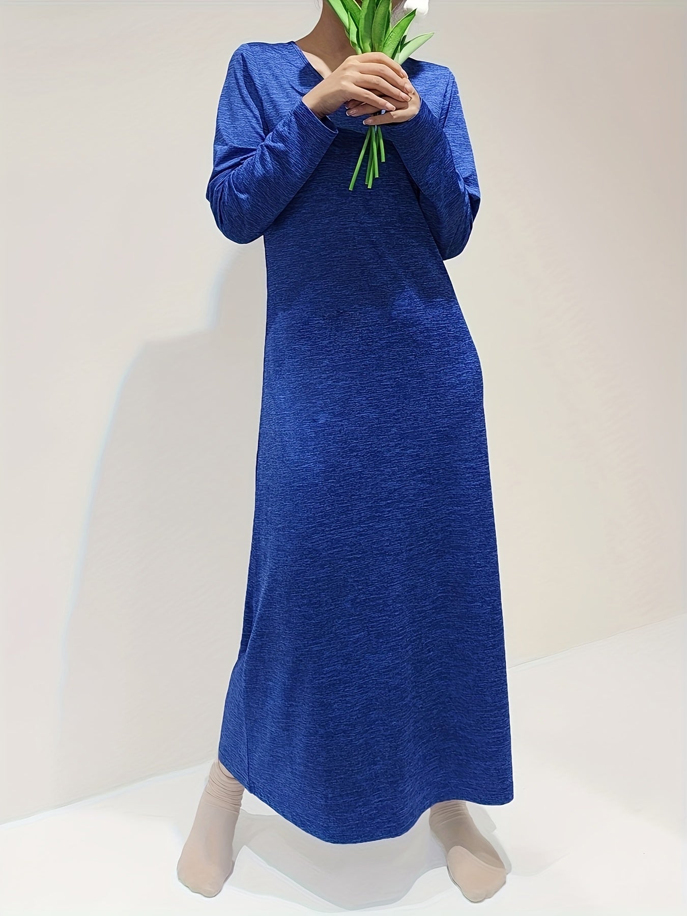 Solid V Neck Long Sleeve Lounge Dress Women's Loungewear