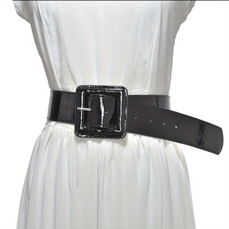 Bright PU Wide Belt Square Buckle Waistband Women