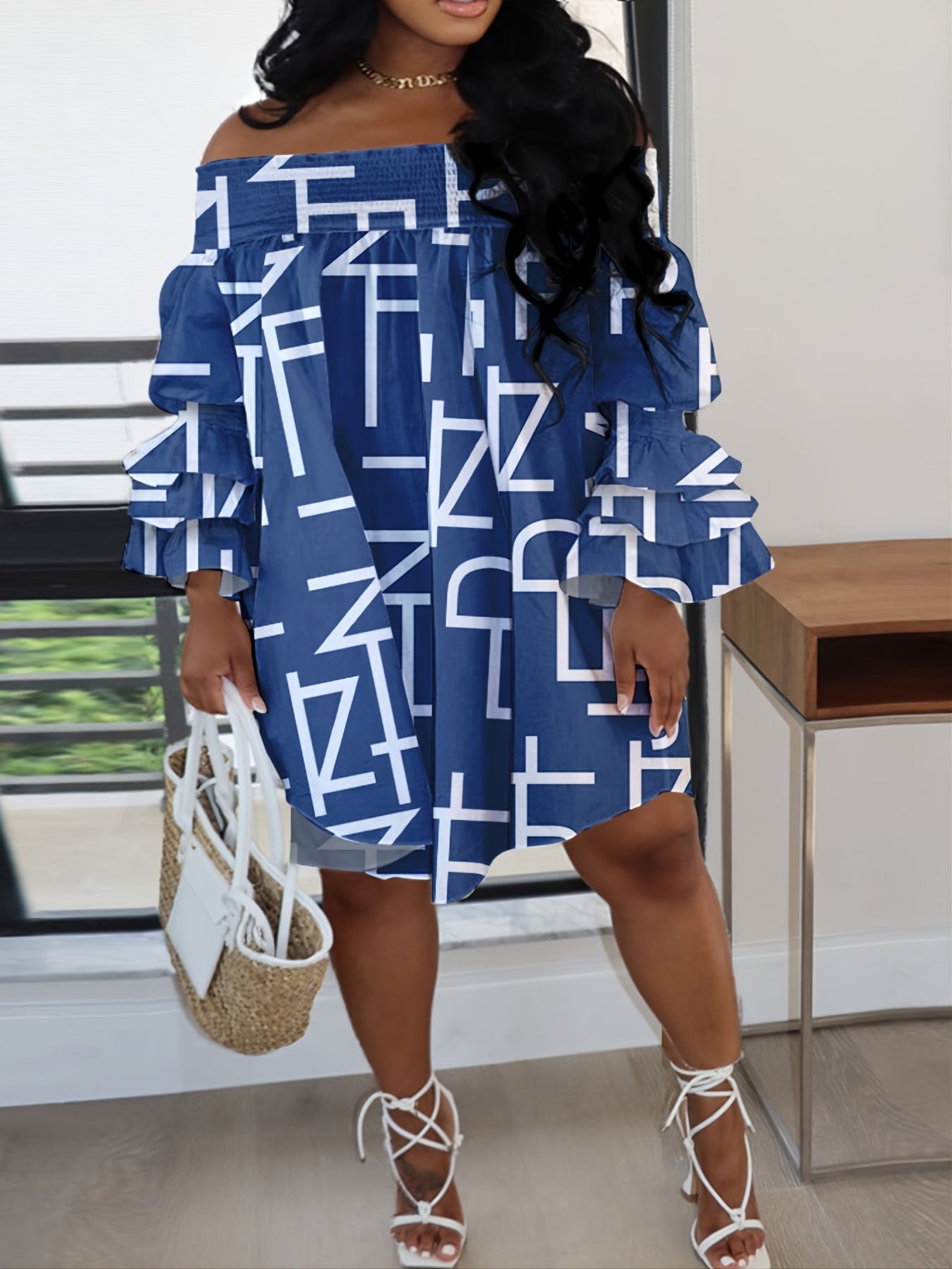 Plus Size Casual Dress Women's Plus Letter Print Off Shoulder Dress