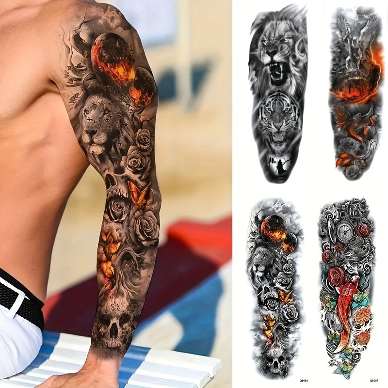 4 Pcs Lions Tigers Roses Temporary Tattoos Full Arm Body Art Men Women
