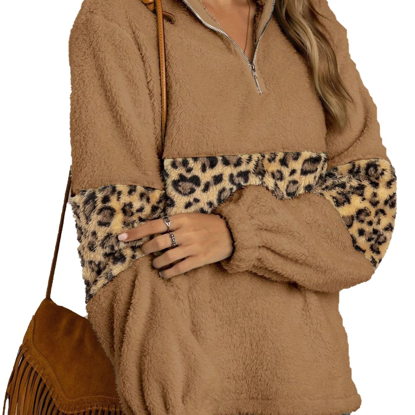 Women's V Neck Fur Coat Loose Fit Zipper Closure