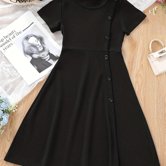 Vintage Button Decor Short Sleeve A line Dress For Party Vacation Kids