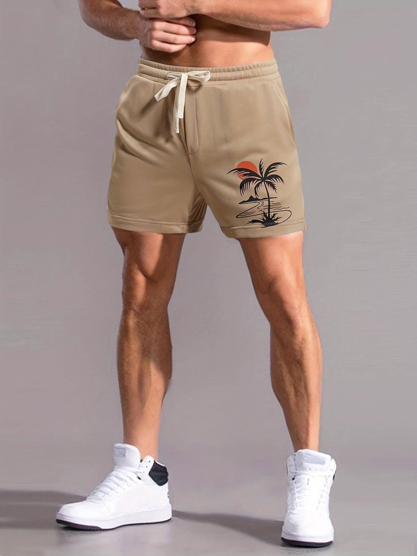 Coconut Tree Print Men's Comfy Shorts Drawstring Casual Loose Shorts