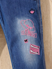 Girls' Embroidered Denim Stretch Pants, Cropped Length