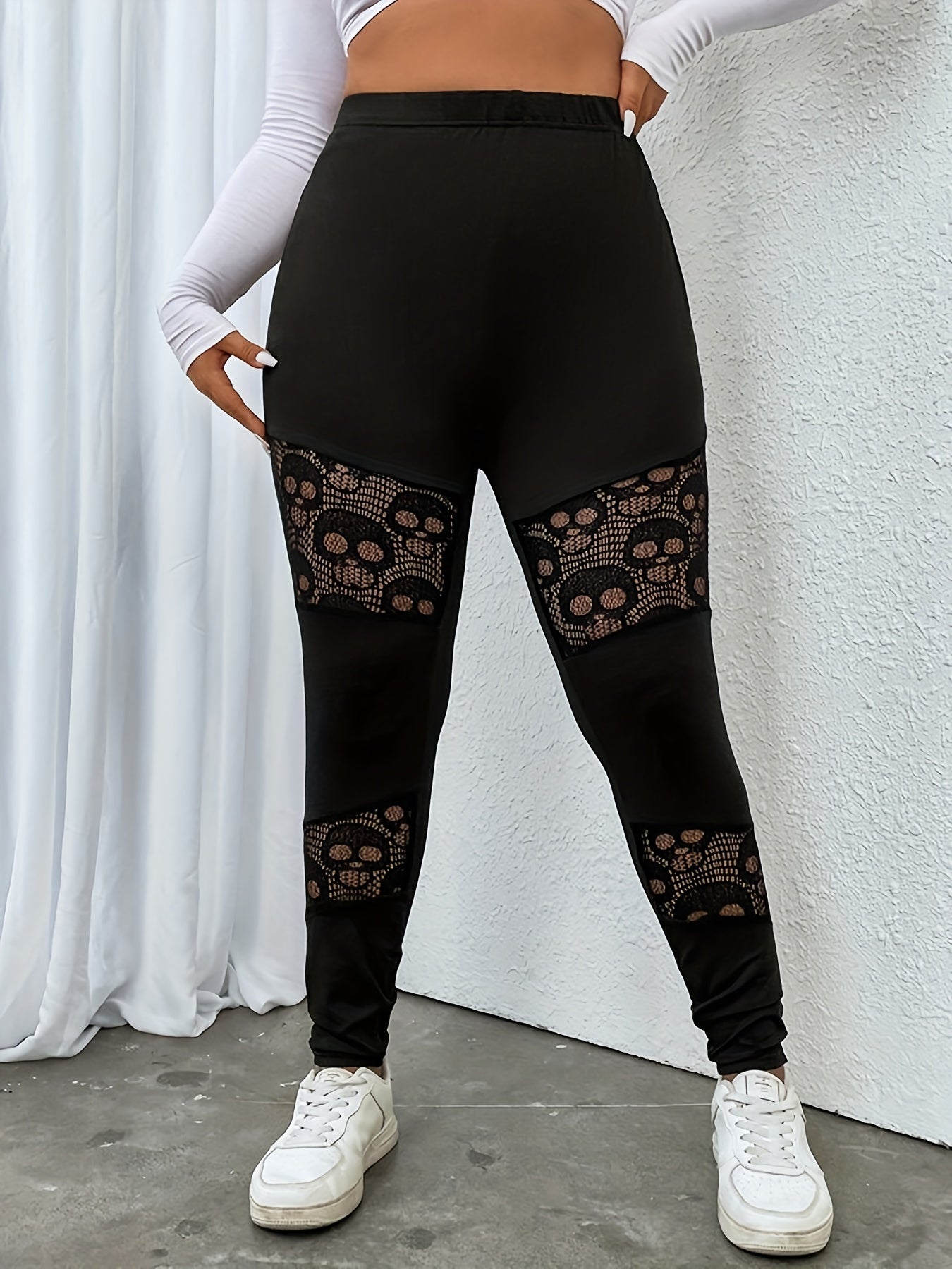 Halloween Sports Leggings Women's Plus Skull Patchwork High Rise
