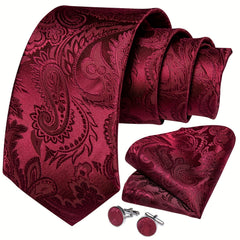 DiBanGu Men's Wine Red Paisley Tie Set for Wedding
