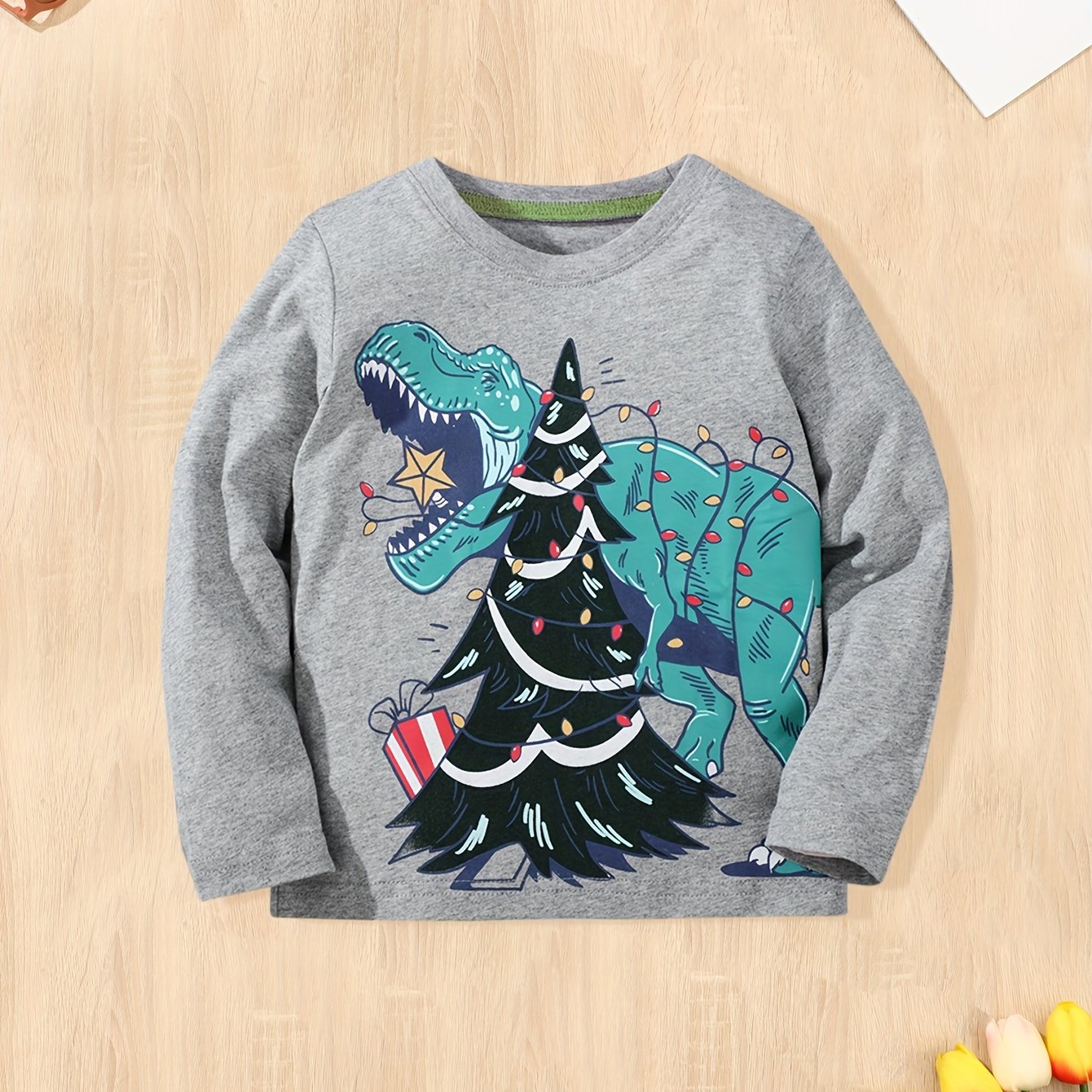 Dinosaur & Christmas Tree Print Kid's Pullover Long Sleeve Top