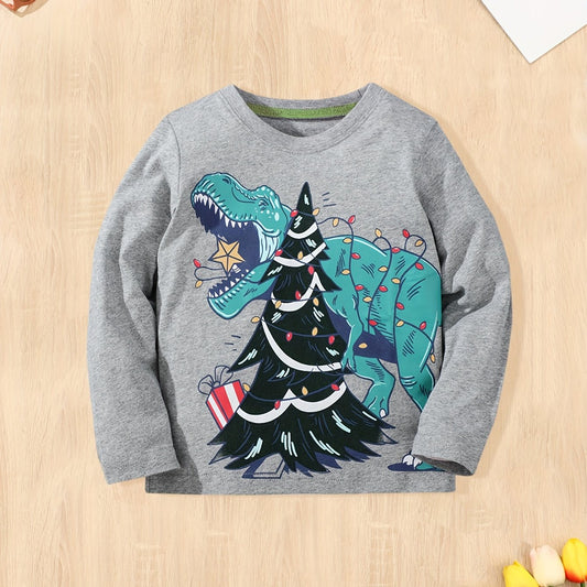 Dinosaur & Christmas Tree Print Kid's Pullover Long Sleeve Top