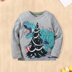 Dinosaur & Christmas Tree Print Kid's Pullover Long Sleeve Top