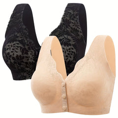 2pcs Lace Wireless Bras Full Coverage Comfortable Breathable Women's Lingerie