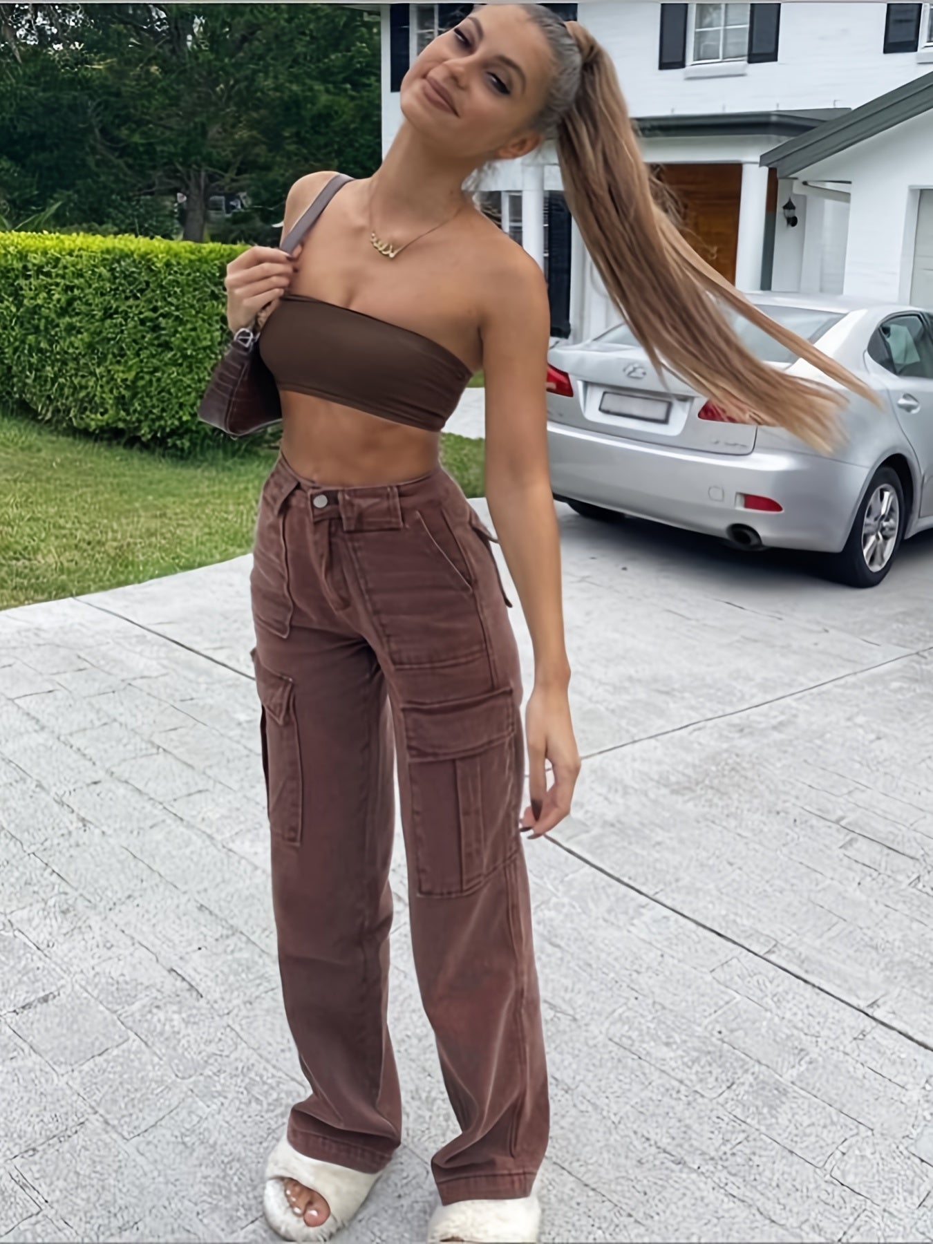 High Waist Flap Pockets Straight Leg Jeans Brown Slash Pockets Cargo Pants