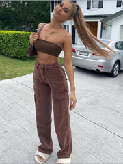 High Waist Flap Pockets Straight Leg Jeans Brown Slash Pockets Cargo Pants