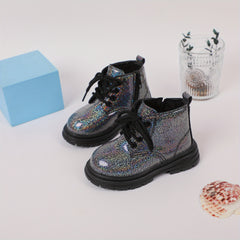 Girls Ankle High Casual Boots, Non Slip Rubber Sole, Easy Zip Up, Moire Pattern