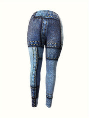 Women's Plus Faux Denim Print Long Sleeve Top & Leggings Set