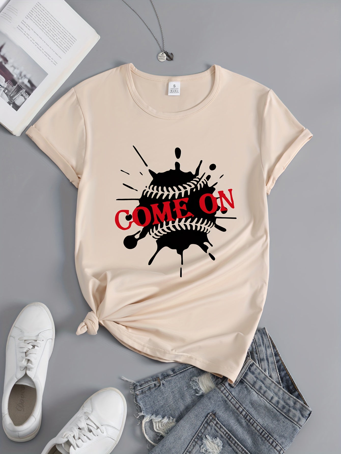 Baseball Graphic Short Sleeve Sports T-shirt for Women