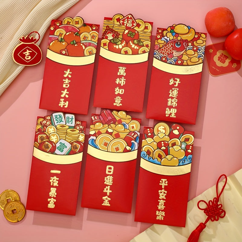 6pcs Chinese Red Envelopes Year Of The Dragon Lucky Money 6 Patterns