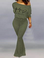 Faith & Love Print Jumpsuit Flare Leg Drawstring Waist Casual Jumpsuit