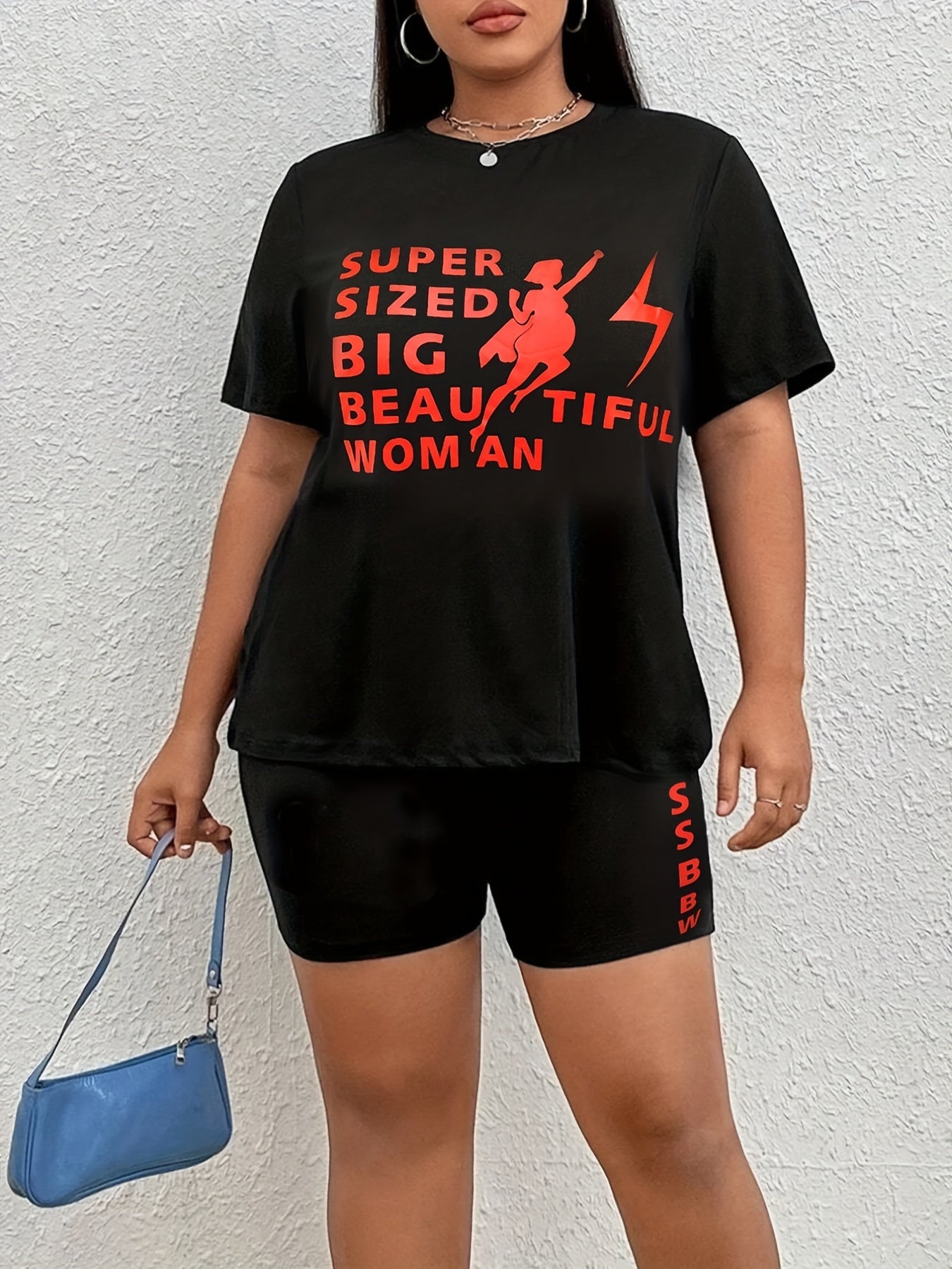 Woman Figure & Letter Print Tee & Shorts Set