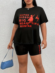 Woman Figure & Letter Print Tee & Shorts Set