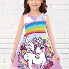 3D Unicorn Print Sleeveless Dress for Girls