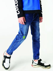 Boys Casual Vintage Denim Jeans Ripped Patch Straight Leg Pants