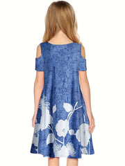 Girls Flower Graphic Cold Shoulder Dress for Summer Party