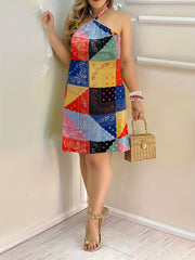 Colorblock Paisley Print Halter Neck Dress