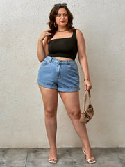 Solid Denim Shorts with Rolled Trim