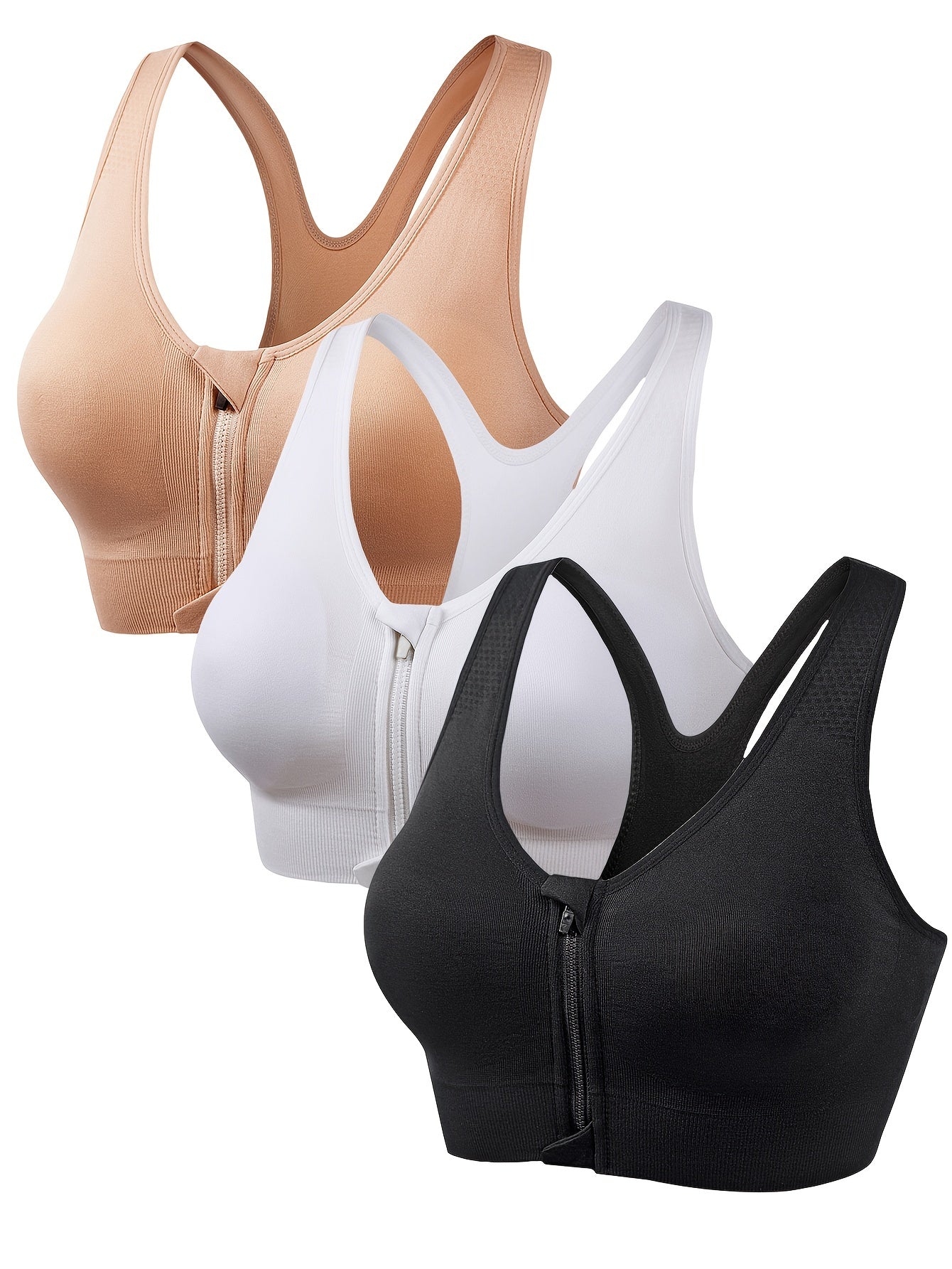 3 Front Zip Sports Bras Breathable Running Racer Back Bra
