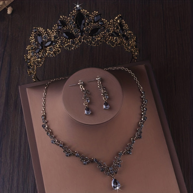 Baroque Style Crystal Crown Earrings Necklace Set