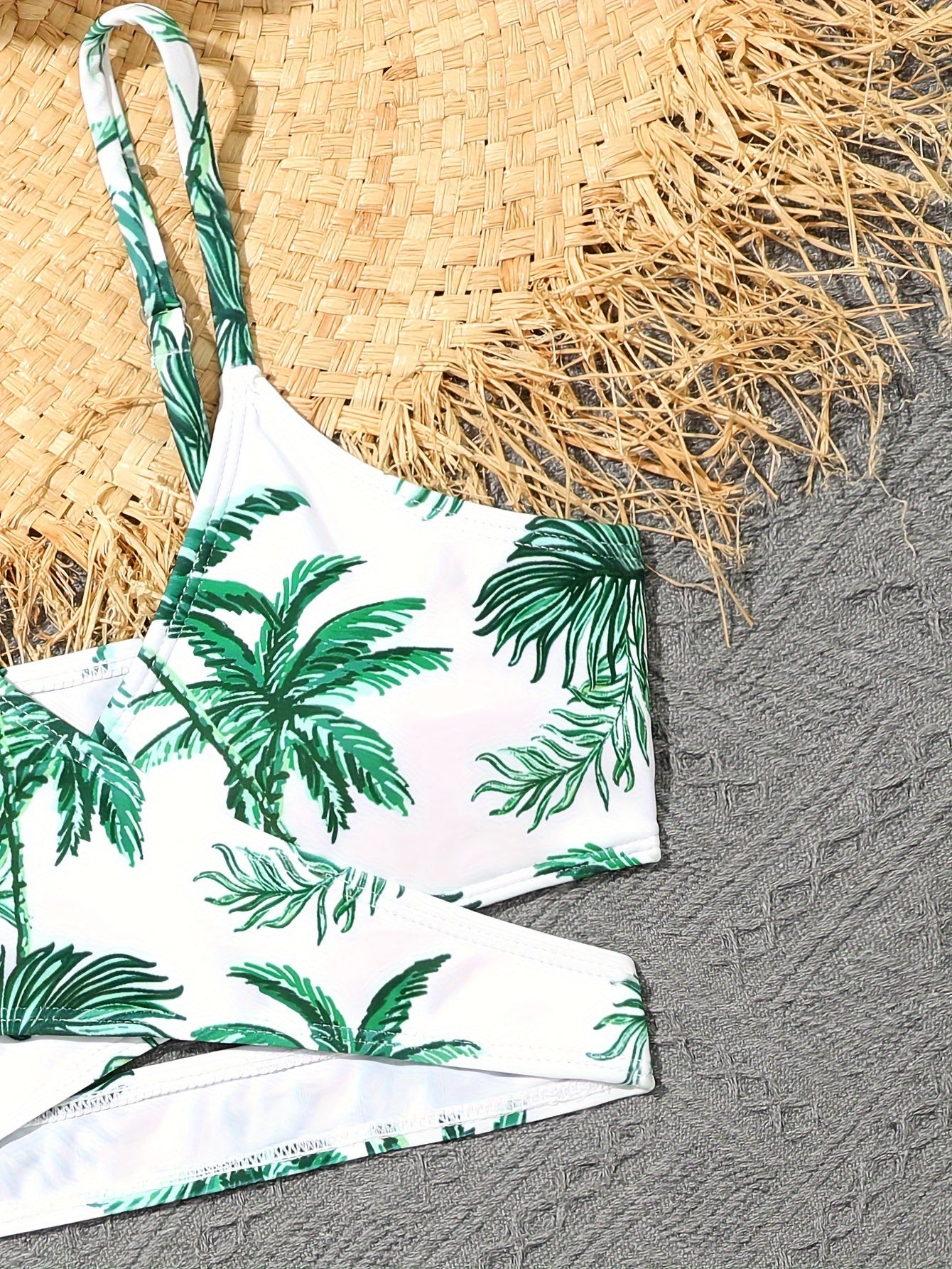 Girls 3pcs Split Bikini Swimsuit Tropical Leaf Pattern Casual Vacation Swimwear