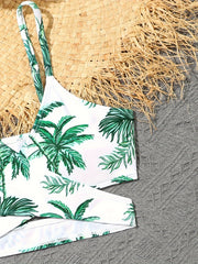Girls 3pcs Split Bikini Swimsuit Tropical Leaf Pattern Casual Vacation Swimwear