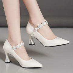 Floral & Pearl Pyramid Heels Pointed Toe Pumps Buckle Strap Dress Shoes