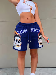Skull Print Drawstring Shorts Elastic Waist Wide Leg
